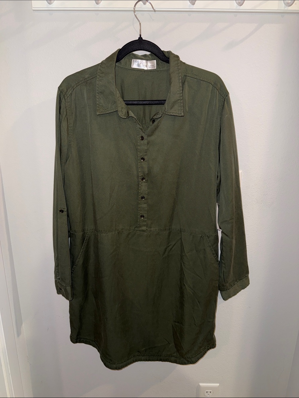 Olive Green Button-Front Pocket Shirt Dress L